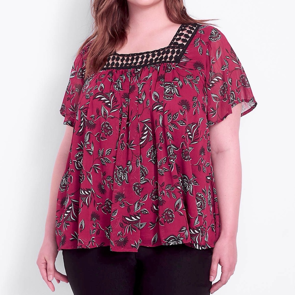 Lane Bryant Boho Blouse Chiffon Short Sleeve Square Neck Trim Detail Rel…
